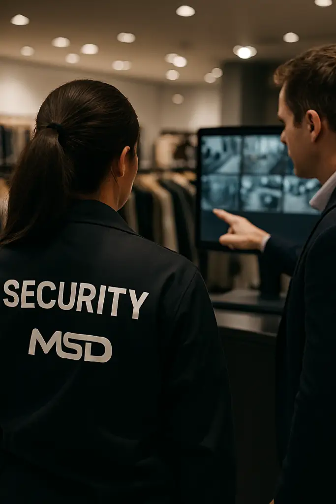Female MSD security officer and retail manager reviewing live CCTV footage inside a Northern Ireland store