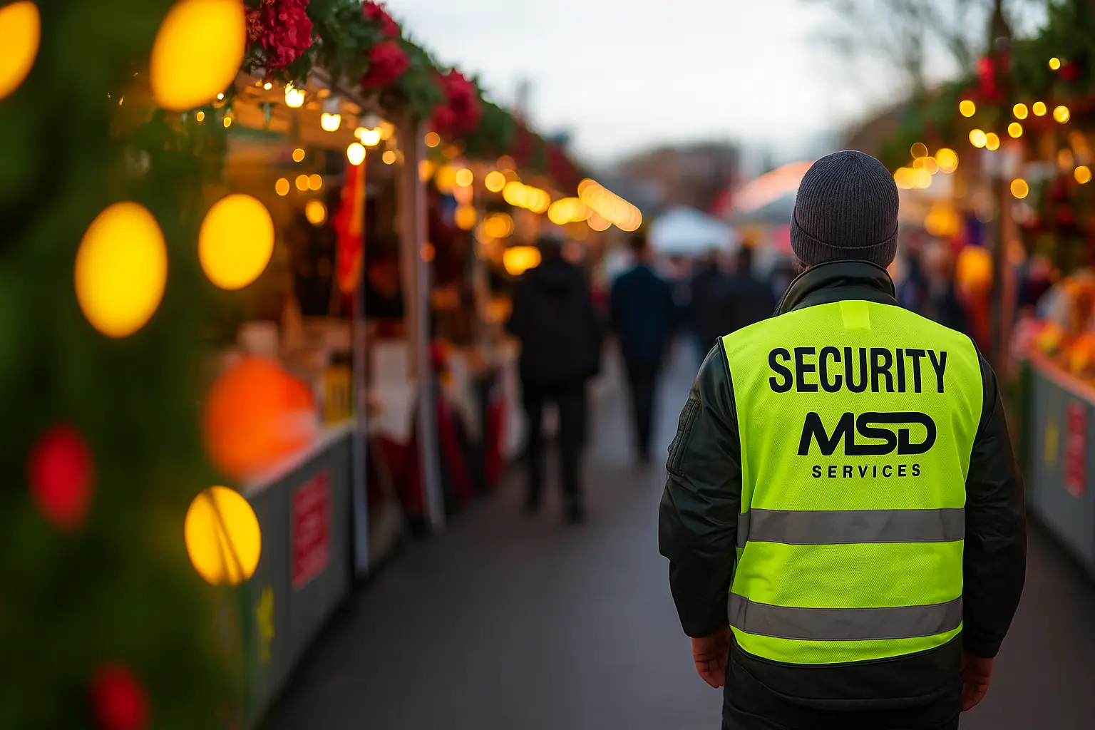 MSD SECURITY guard patrols festive outdoor market in Northern Ireland, wearing high-visibility jacket