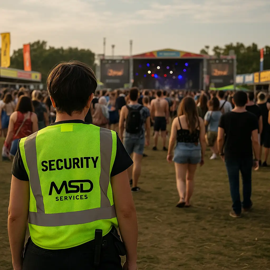 Female MSD SECURITY guard monitoring crowd at outdoor concert event in Northern Ireland