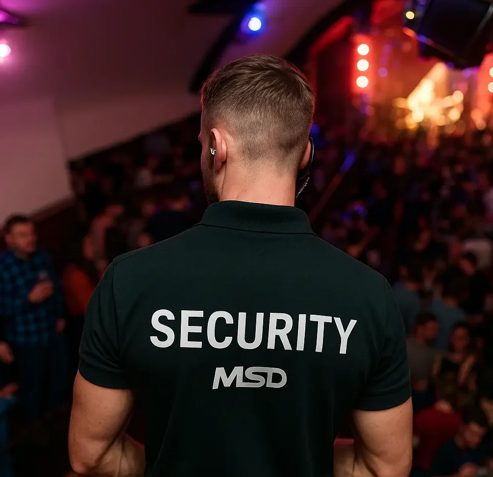 Security guard wearing MSD SECURITY uniform monitors a busy nightclub crowd from an elevated position