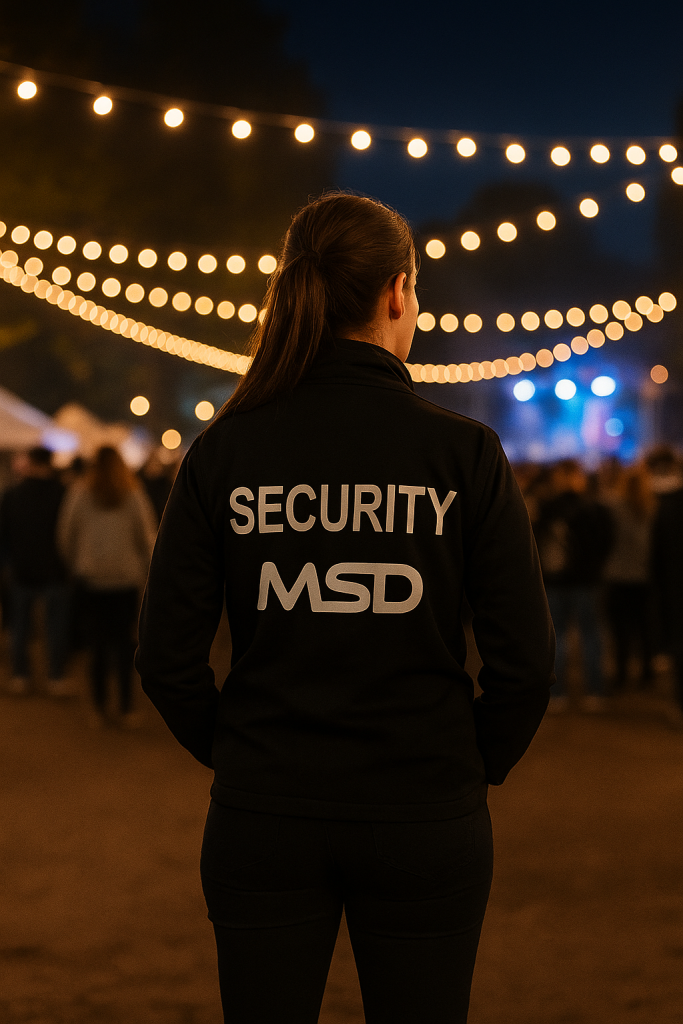 Female MSD security officer standing with her back to the camera at an outdoor nighttime event under string lights